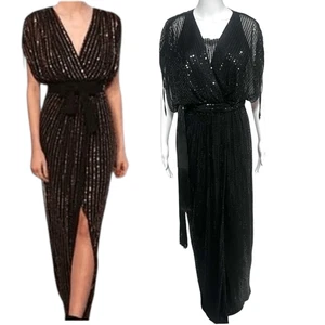 IPEKYOL by Ozgur Masur Black Full Sequin Fringe Sash Maxi Gown Sz 6 Covered Shou - Picture 1 of 5