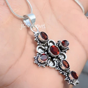 Faceted Garnet Gemstone 925 Sterling Silver Cross Pendant For Easter Festival - Picture 1 of 6