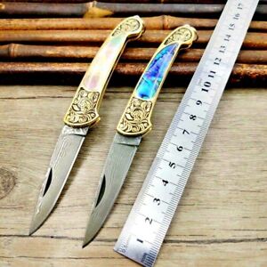 Mini Drop Point Folding Knife Pocket Hunting Survival Tactical Damascus Steel 2"