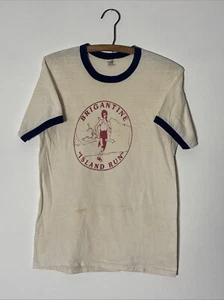 Vintage 1970s T Shirt Medium Brigantine NJ Island Run Marathon Hanes Ringer - Picture 1 of 10