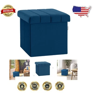 Mid-Century Modern Blue Velvet Storage Ottoman - Hidden Footrest Compartment - Picture 1 of 9