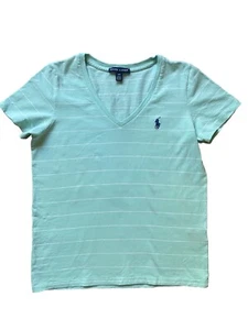 Ralph Lauren T-Shirt 100% Baumwolle gestreift blau V-Ausschnitt Kurzarm Pony Logo S - Bild 1 von 6