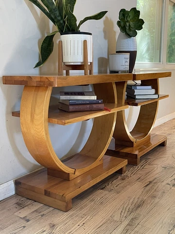 Art Deco Geometric Tiered Side End Tables Gilbert Rohde Brown Saltman Modernage Cover