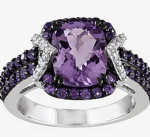 NEW! Amethyst & Sterling Silver Ring W Diamond Accents ! Size 9 - Picture 1 of 5