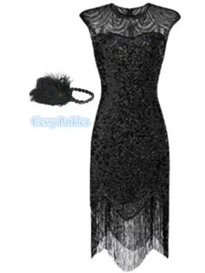 Z-L3-4 Deluxe Ladies 1920s Roaring 20s Flapper Gatsby Costume Black - Foto 1 di 8