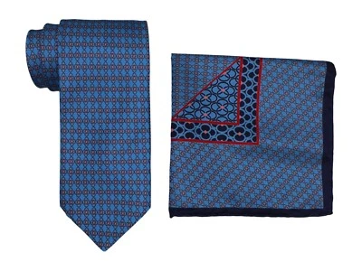 Italo Ferretti Satin Blue Geometric Tie and Pocket Square Set - Image 1 of 2