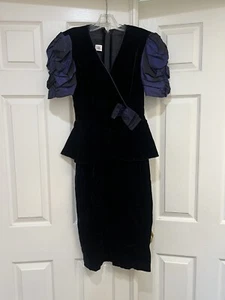 VNTG 80s Violet Velvet Peplum Avant Garde Style Party Dress prom formal Gatsby 8 - Picture 1 of 15
