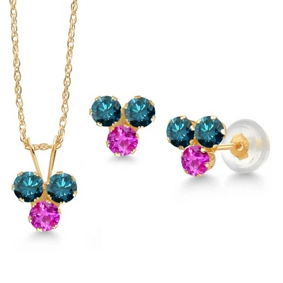 Juego de aretes colgantes de 3 piedras de oro amarillo de 14 quilates con diamantes azules y zafiros rosados para Foto 1 de 3