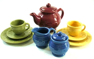 New~11~LONGABERGER~Child's Tea Set~WOVEN TRADITIONS~Blue~Paprika~Yellow~Green - Picture 1 of 17