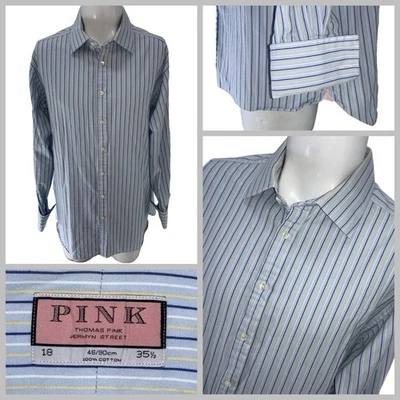 Thomas Pink Dress Shirt 18 35.5 Blue Yellow Striped Cotton French Cuff YGI X5-33 - Image 1 of 4