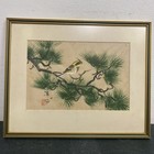 Vintage Japanese painting on silk "Bird on a tree"  artist signed, 43x34cm