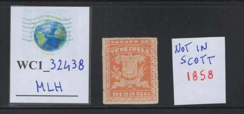 WC1_32438 VENEZUELA. Rare 1/2r yellow 1858 COAT OF ARMS stamp. Not in Scott. MLH - Image 1 of 1