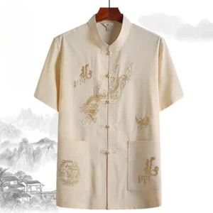 Mens Short Sleeve Shirt Embroidered Dragon Chinese Tang Suit Top Tai Chi Summer - Picture 1 of 16