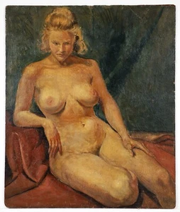 Vintage Mid Century Modern SEATED NUDE GLAMOUR 2 SIDED Oil Painting Reverse MCM - Picture 1 of 12