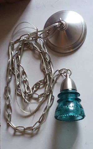 1 of 2 Antique Glass Insulator Pendant Light Brushed Nickel 8ft Chain(BlueGreen) Cover