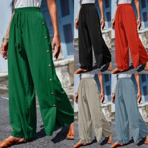 Womens Casual Button Solid Pants Ladies Summer Baggy Wide Leg Trousers - Picture 1 of 24