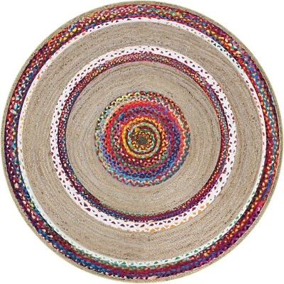 Rug 100% Natural Round Jute & Cotton Carpet Handmade Area Floor Mat Room Rug - Image 1 of 4