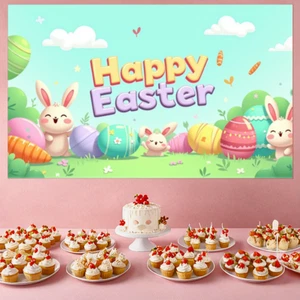 Happy Easter Spring Celebration Backdrop Banner Cartoon Bunny Eggs Festival - Picture 1 of 10