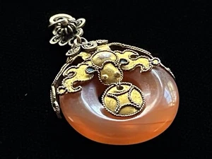 Antique Vintage Orange Jade Bi Disk With Ornate Gold Vermeil Bale Pendant - Picture 1 of 13