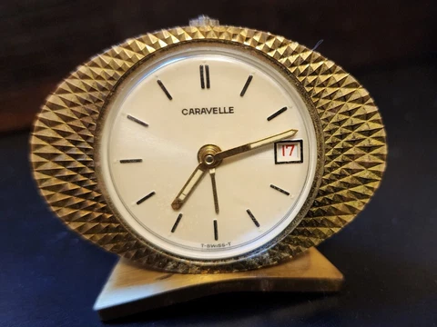 Vintage  Bulova CARAVELLE SWISS Clock, For Travel,  Parts Gold Tone Mini Cover