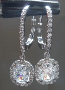 2.50CT Cushion Cut Lab Created Diamond Drop Dangle Earring 14k White Gold Plated - Picture 1 of 4