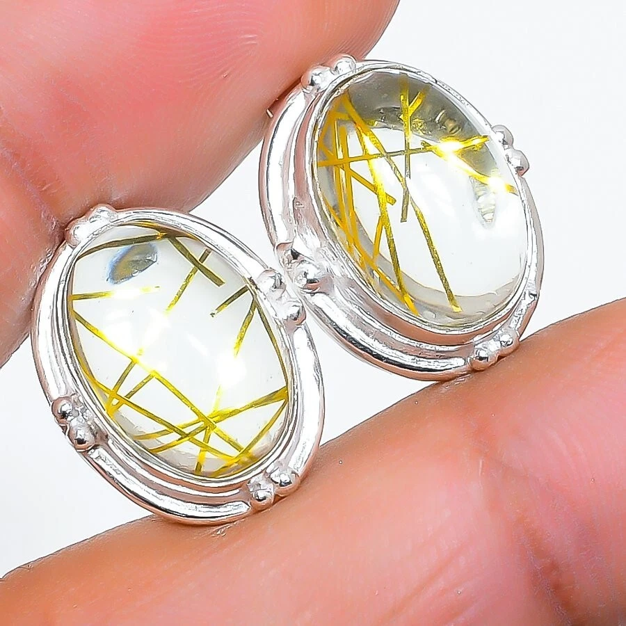 Rutilated Quartz Gemstone 925 Sterling Silver Jewelry Stud Earring Size 0.75" - Image 1 of 1