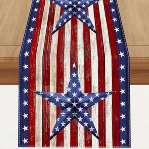 Linen Watercolor Red White and Blue American Flag Stars Table Runner 72 Inches L - Picture 1 of 12