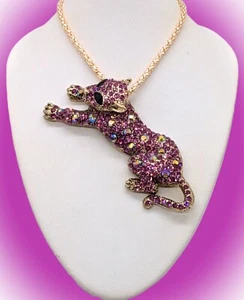 Sparkly Cool Leopard Cat!  Pink & AB Crystal ~ Betsey Johnson Brooch & Necklace - Picture 1 of 14
