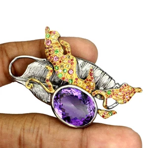 925 Sterling Silver Pendant Oval Amethyst 21ct Tsavorite Gemstone Handmade - Picture 1 of 10