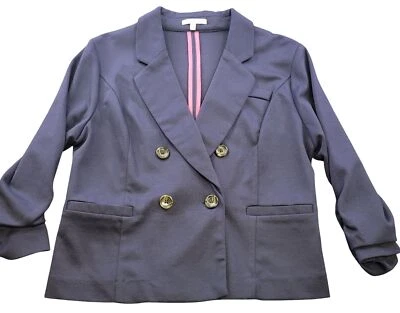 Charlotte Russe Womens Double Breasted Blazer Ruched 3/4 Sleeves Navy Blue Large - Image 1 of 4