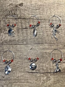 New Set Of 6 Handcrafted Wine Glass Drink Markers, Baseball/Football Theme - Picture 1 of 7