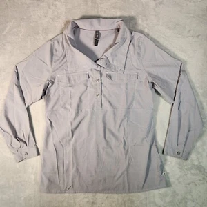 Mountain Hardwear Shirt Womens Gray Striped Big Collar Pullover Hiking Gorpcore - Picture 1 of 12