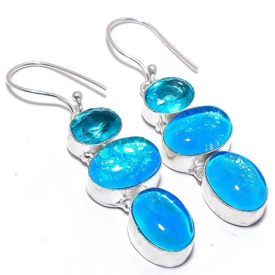 Triplet Fire Opal, Blue Topaz Gemstone 925 Sterling Silver Jewelry Earring 2.4" - Image 1 of 4