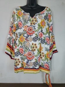 Suzanne Betro Blouse Women's Size 2X blue floral boho rainbow side tie Peasant  - Picture 1 of 11