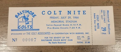 Baltimore Colts Colt Nite 1966 juego intra-escuadrón boleto original 29/07/66 #00007 Foto 1 de 2