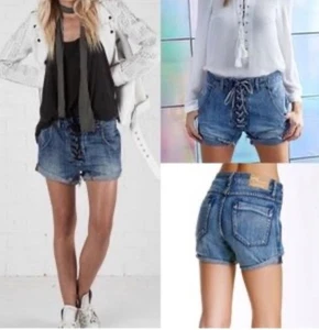 NEW Sz 24 ONE Teaspoon Superfreaks Blue Blossom Lace Up High Waist Denim Shorts - Picture 1 of 13