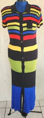 Vestido De Colección Años 90 Liz Claiborne Tejido a Rayas Lg Botón Frontal Audaz Bloque de Color Primario Foto 1 de 4