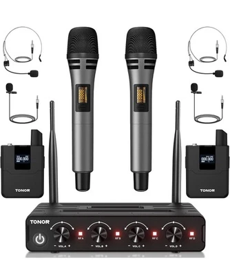 TONOR Wireless Mic System, UHF  Mic Set 2xBodypack 2x lapel 2x ear 4ch TW362 New - Image 1 of 4