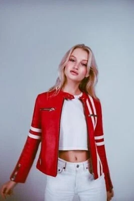 Women Biker White Stripped Red  Leather Jacket Casual Wear Festive Jacket - Image 1 of 4
