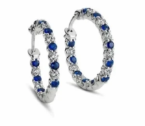 14K White Gold Plated 2Ct Lab Created Round Blue Sapphire Huggie Hoop Earrings - Picture 1 of 4