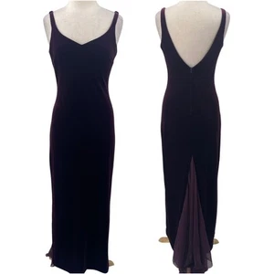 Vintage 90s Velvet Gown Sleeveless Backless Chiffon Train Maxi Dress Purple 8 - Picture 1 of 12