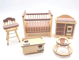 Vintage Miniature Doll House Nursery Furniture Baby Set Crib Chair Dresser Chest - Picture 1 of 8