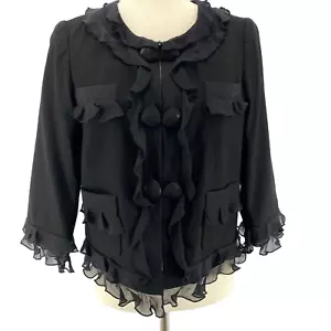 Rebecca Taylor Silk Linen Ruffle Blazer Jacket Womens 8 Black 3/4 Sleeves Button - Picture 1 of 11