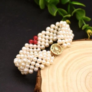 18k gold plated Natural Freshwater Pearl Bracelet, red heart bangle - Picture 1 of 4