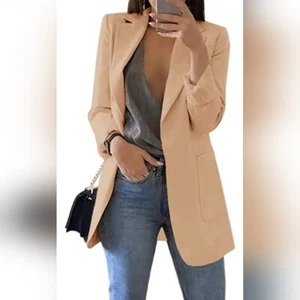 NewXL Nude Casual Blazers Open Front Long Sleeve Lapel Collar Work Office Jacket - Picture 1 of 11