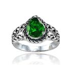 Sterling Silver Simulated Emerald Pear-Cut Oxidized Rope Split Shank Ring Size 7