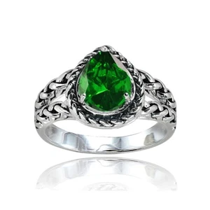 Sterling Silver Simulated Emerald Pear-Cut Oxidized Rope Split Shank Ring Size 7 - Picture 1 of 3