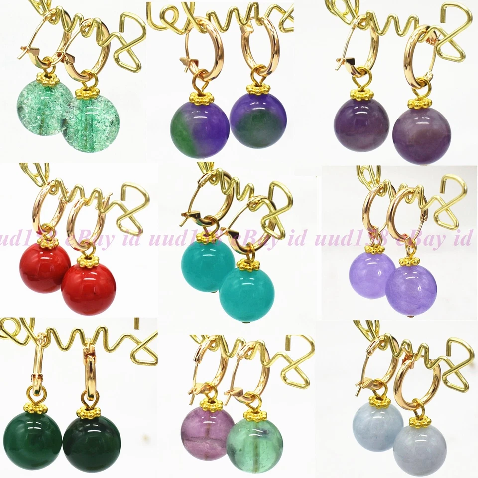 8/10/12/14mm Natural Multicolor Gemstone Round Beads Gold Leverback Earrings - Image 1 of 1