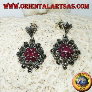 Orecchini in argento pendenti 925‰ 1+6 rubini naturali contornato da marcasite. - Imagen 1 de 2