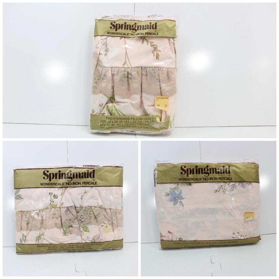 VTG Springmaid Wondercal Sheets 80s Floral Fitted Flat Pillow Case Full Double - Image 1 of 4